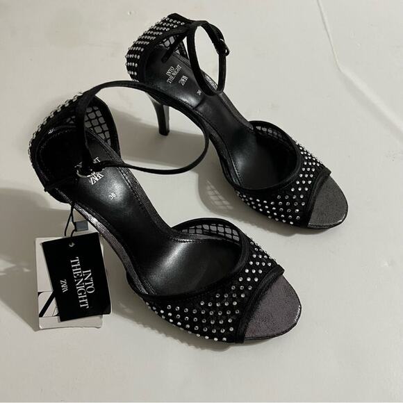 Zara Black RHINESTONE HEELED SANDALS LIMITED EDITION - Picture 7 of 13